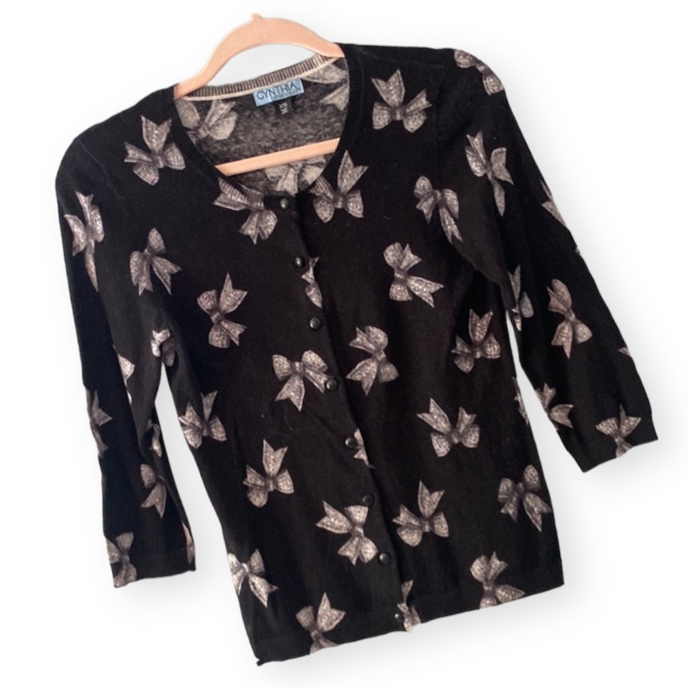 Cynthia Rowley Cardigan Sweater Large Black Button Front Stretch 3/4 Sleeve - Picture 2 of 3